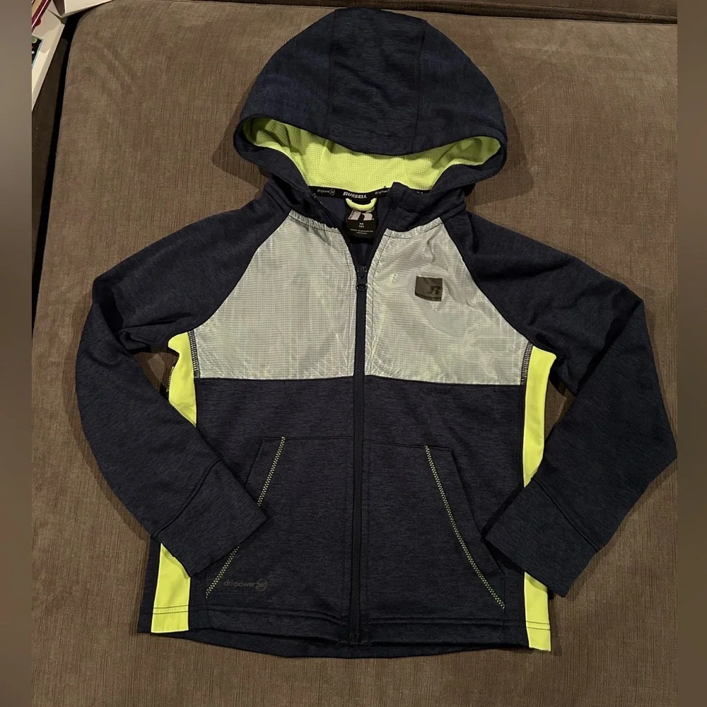 Russell Boys Full Zip Active Jacket Hoodie Black Gray Neon Yellow Size M